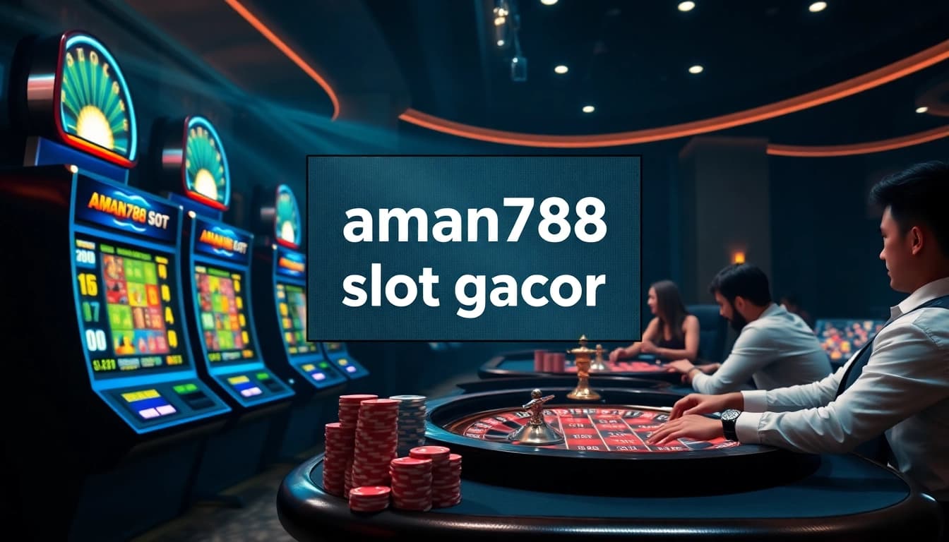 Suasana menarik dalam permainan slot gacor aman788, menonjolkan mesin slot yang cerah dan chip poker.
