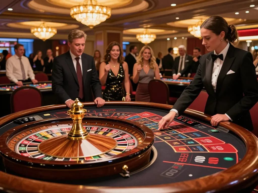 Engaged players at a casino roulette table, focal points on DA88 betting chips and elegant gameplay atmosphere