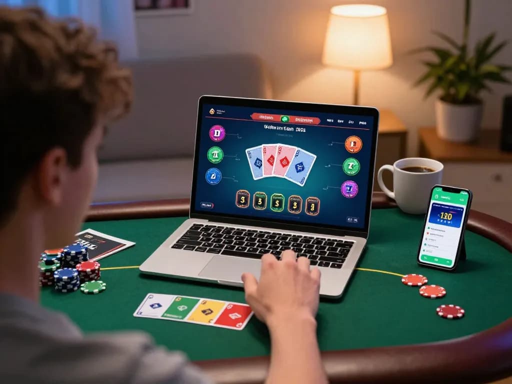 Engaging scene of a player using online credit card casinos for poker, showcasing a relaxed home environment with gameplay details.