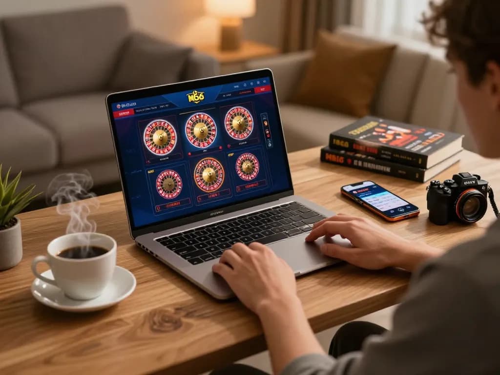 Player enjoying MB66 online casino gaming experience on a stylish desk, showcasing thrilling gameplay.