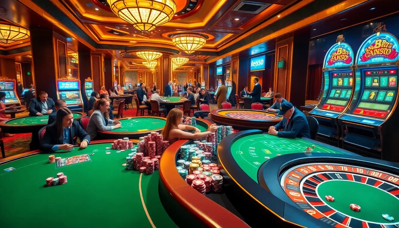 Casino scene showcasing lego138 players enjoying poker, roulette, and slot machines in a luxurious environment.