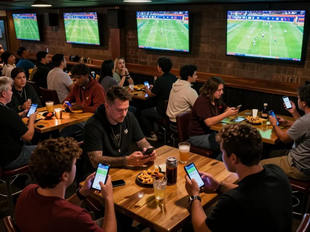 CakhiaTV users actively placing bets while enjoying live sports in a lively bar atmosphere