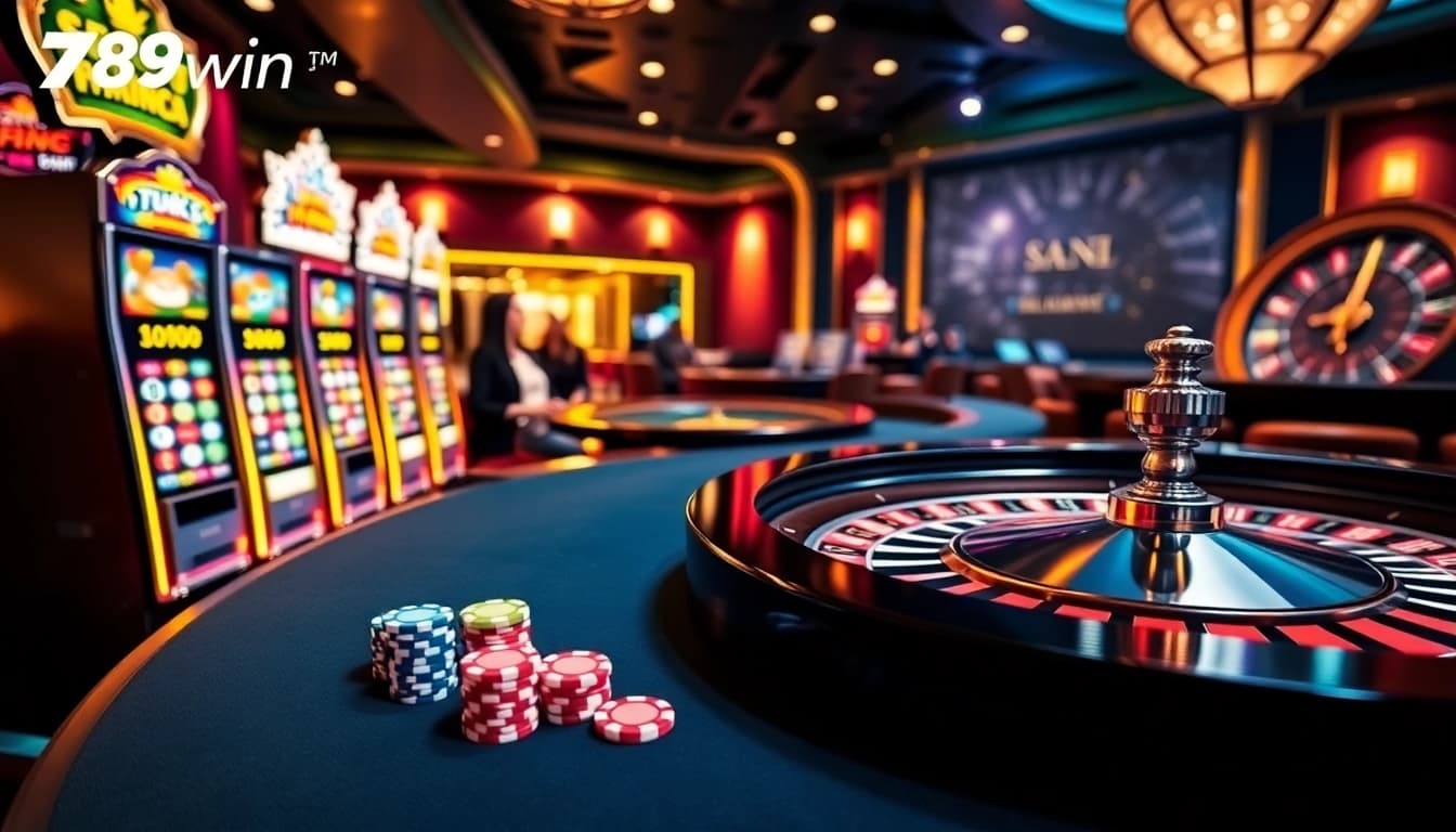 Experience winning at 789win with vibrant casino tables, poker chips, and slot machines.