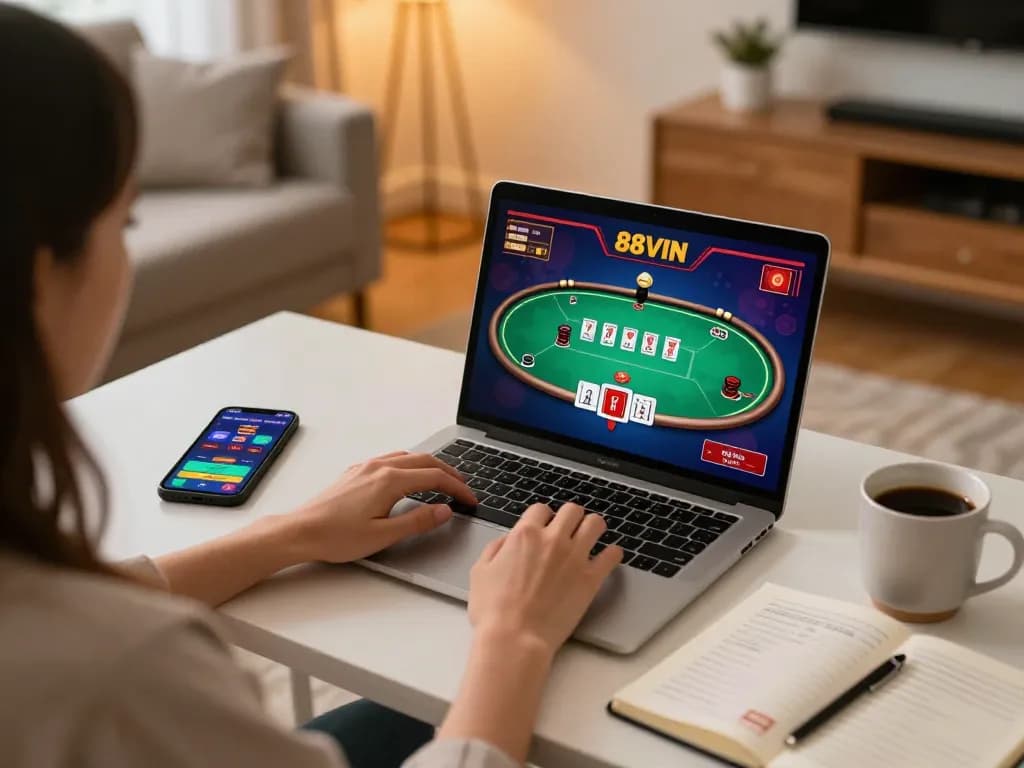 Player using 88VIN online casino on laptop at home, showcasing engaging gameplay.