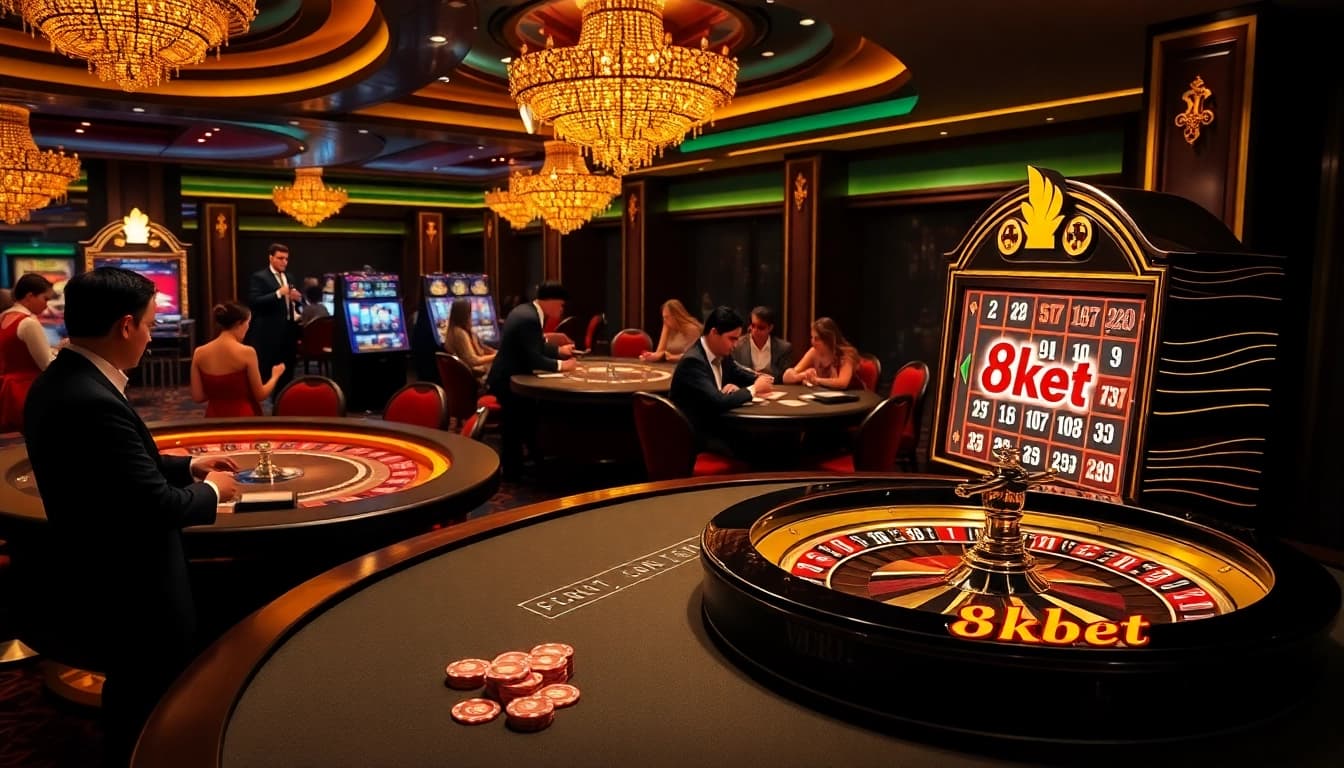 Experience the excitement of 8kbet at a luxurious casino with vibrant games and lively players.