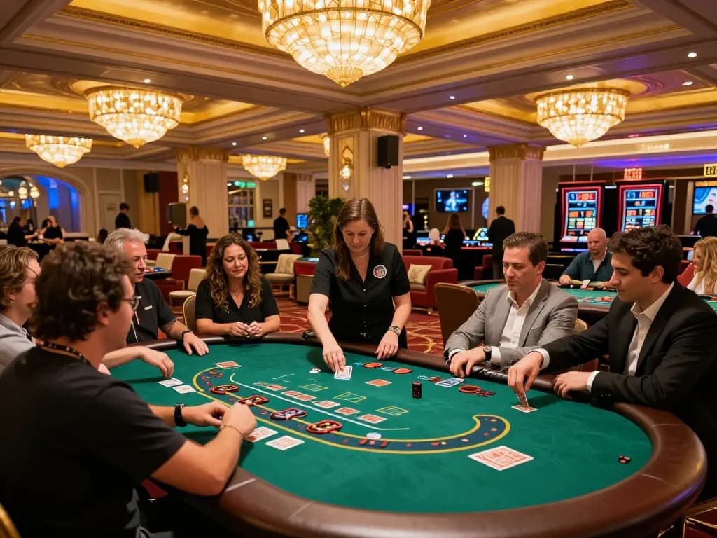 Players enjoying a thrilling game of blackjack at an upscale casino, featuring the 45678 table