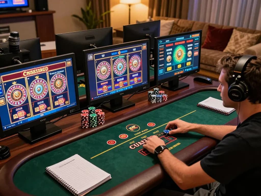 Engaging with upintogel online casino games on a multi-screen setup, showcasing strategy and enjoyment.