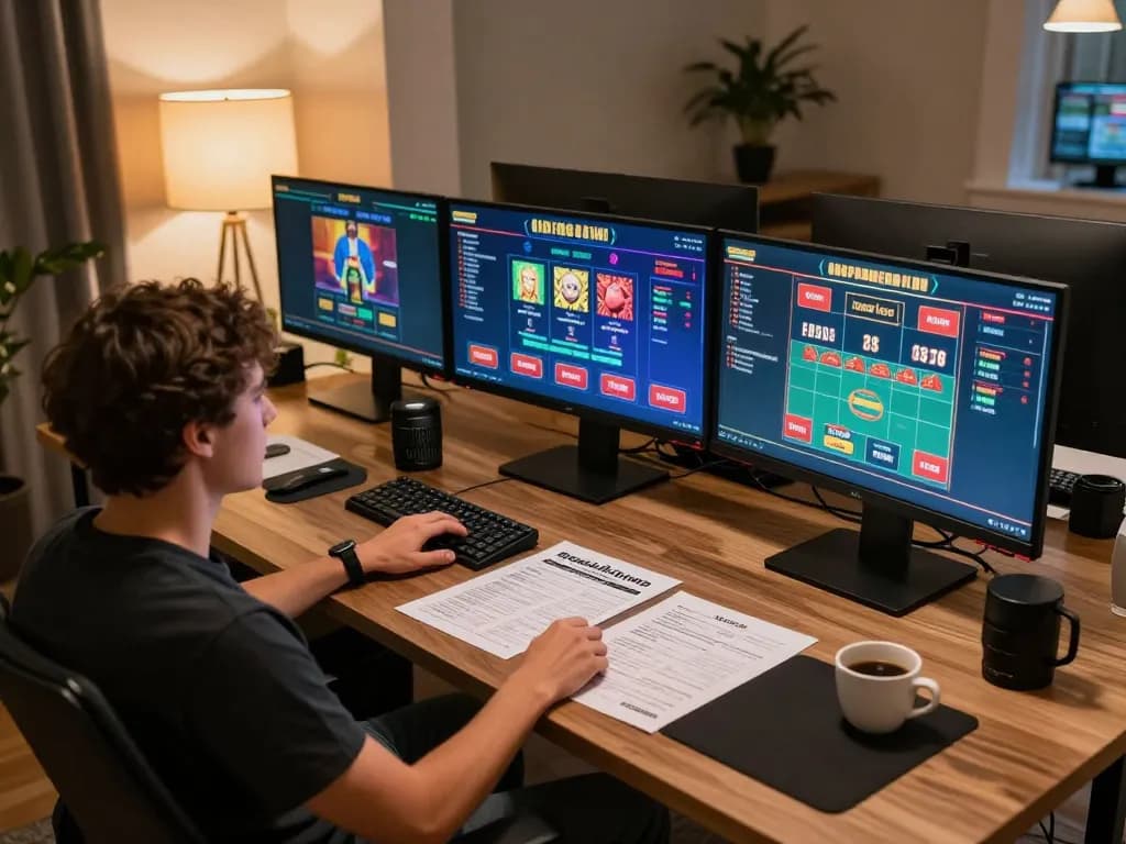 Engaging online gaming session with MM88 displayed on multiple screens, showcasing strategy and excitement in a comfortable home setup