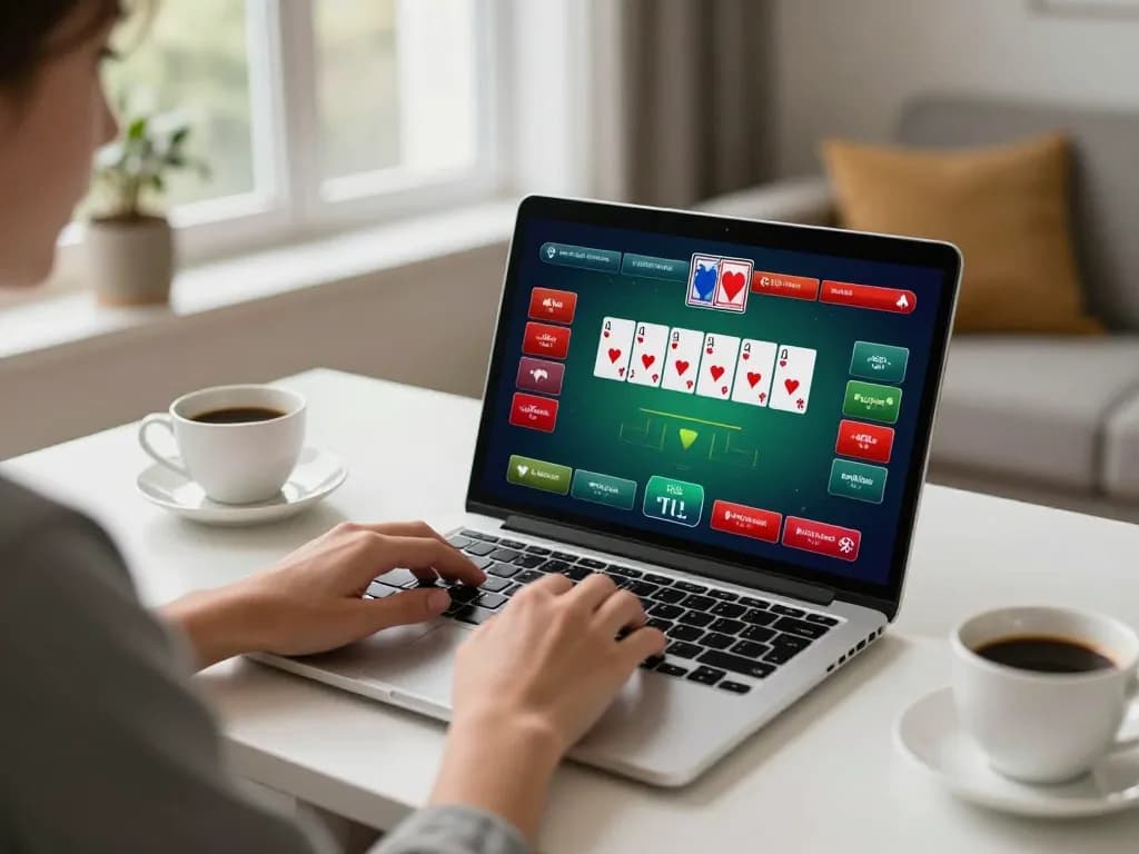 Online casino player enjoying poker on a laptop while focusing on XX88 for a dynamic gaming experience.