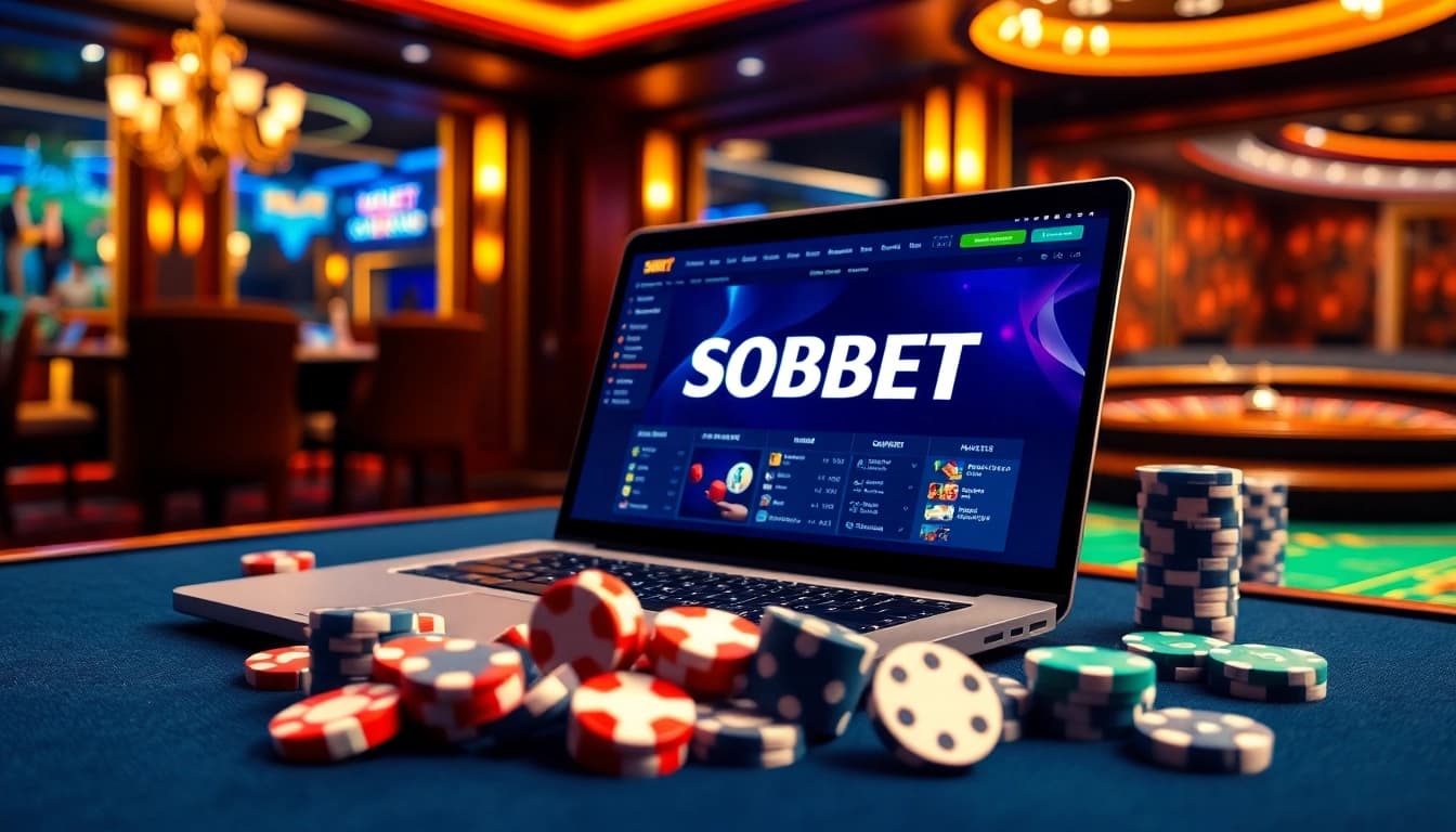 Sbobet login indonesia access on a sleek laptop amid vibrant casino elements like poker chips and roulette wheel.