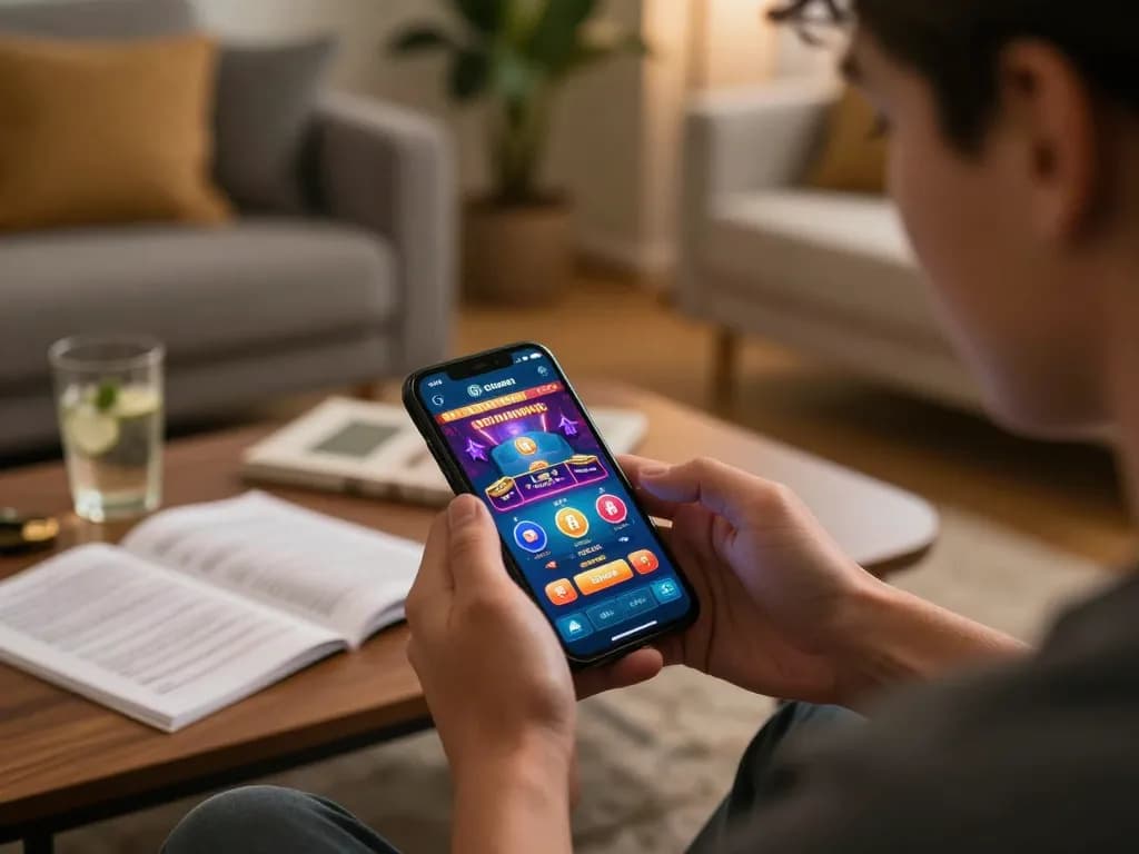 Engaging in mobile gaming on dash88 app in a cozy home setting.
