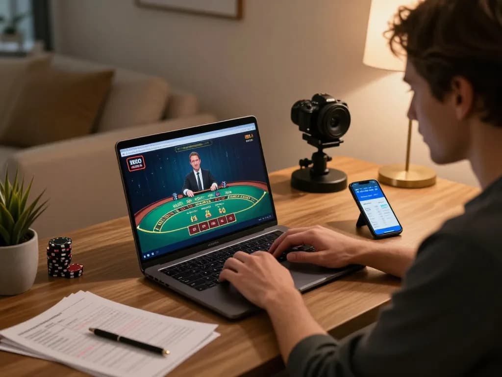 Pemain Dewi999 menganalisis strategi saat bermain blackjack langsung secara online di kantor rumah modern