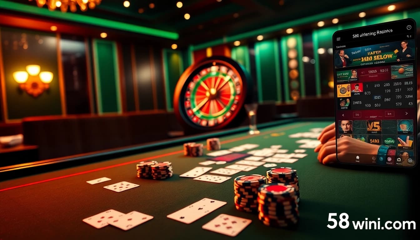 A thrilling casino gaming experience at 58win com, featuring vibrant poker chips and a roulette wheel.