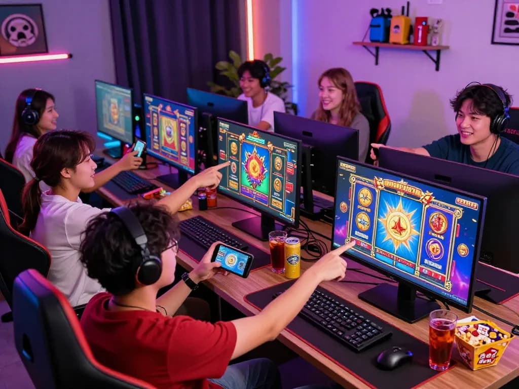 Exciting gaming scene featuring friends enjoying slot gacor 777 together, surrounded by colorful slot graphics and snacks.