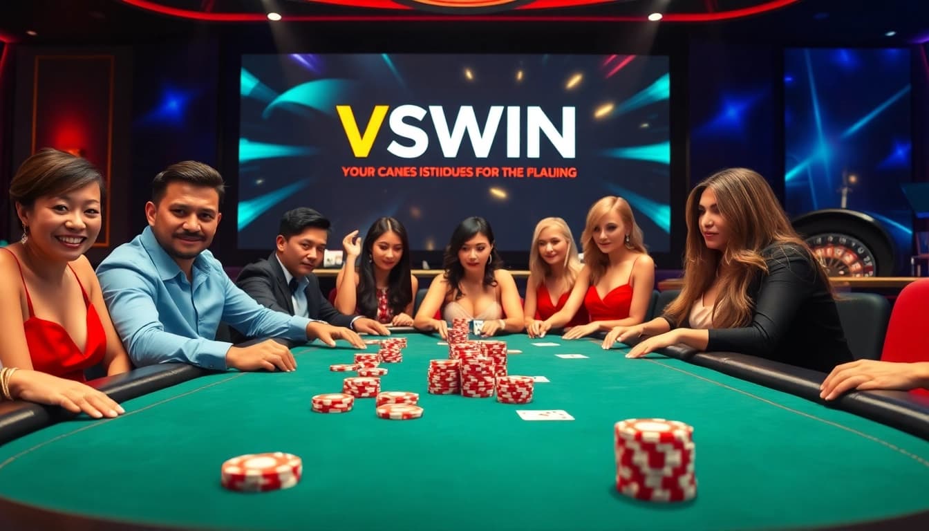 Experience thrilling gameplay at VSWIN with a luxurious poker table and enthusiastic players.