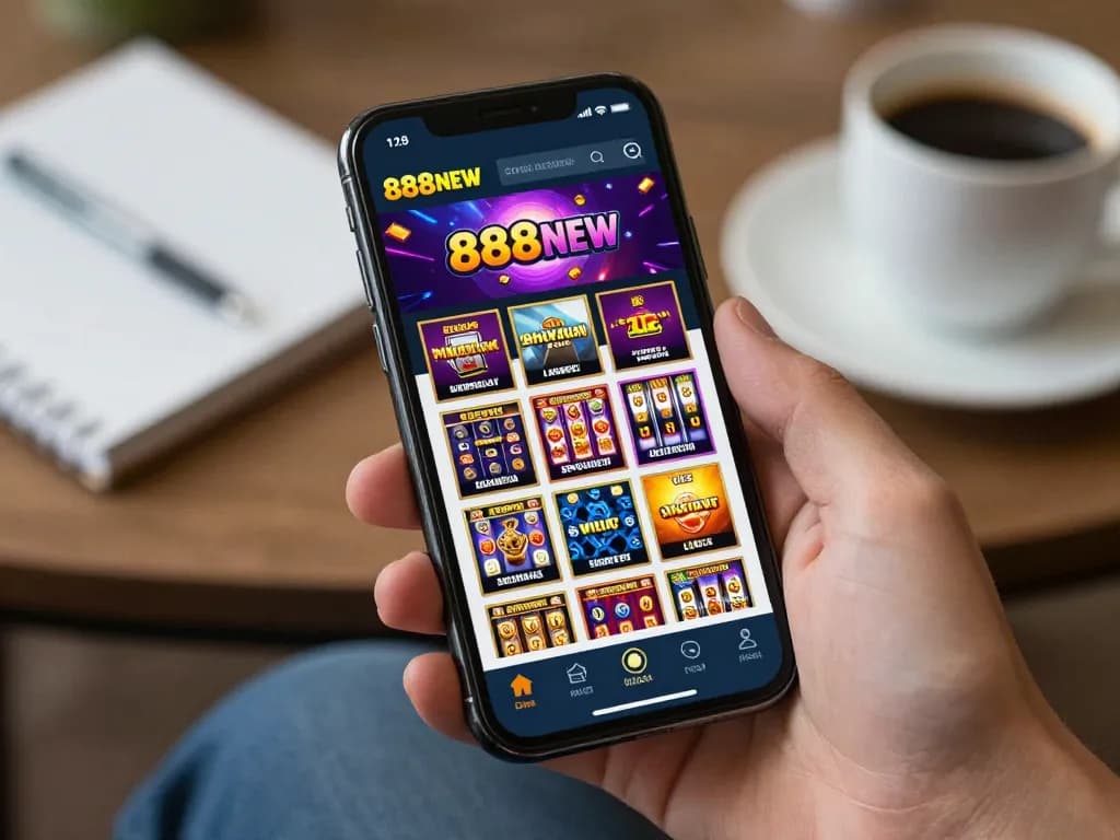 Engaging gameplay on the 888NEW app showcasing diverse casino options on a smartphone, indicating modern, mobile-friendly gambling.