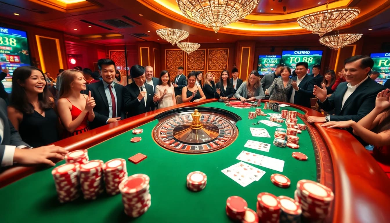Thrilling online casino experience at FO88 with vibrant roulette wheel and poker tables.