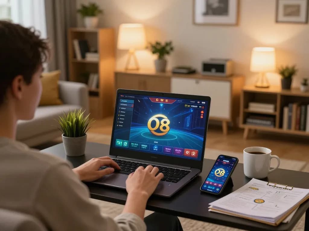 Player enjoying O8 online casino games in a cozy home atmosphere