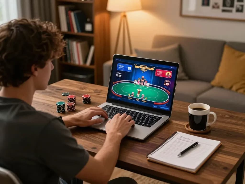 Join the excitement of online gambling with tx88 poker strategies showcased on a laptop.