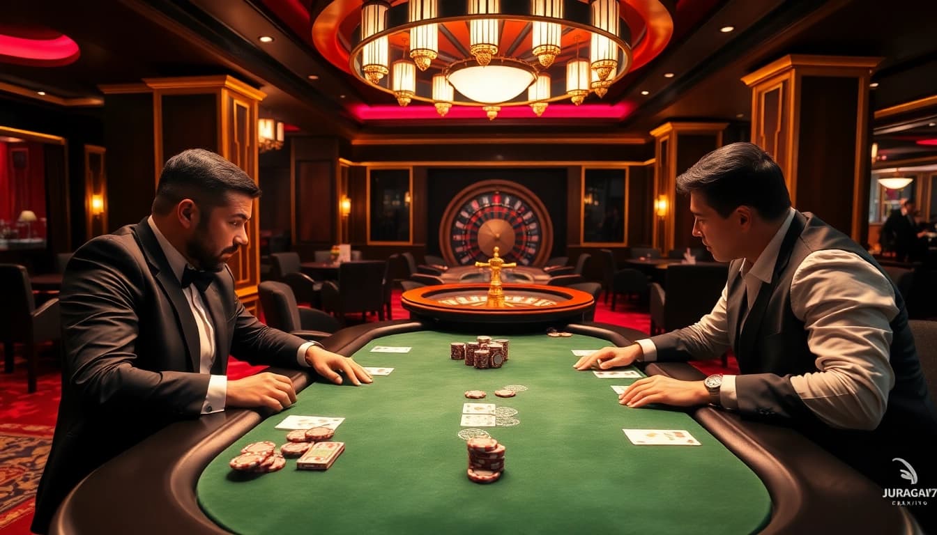 Excited players engage in high-stakes poker at juragan77 casino.