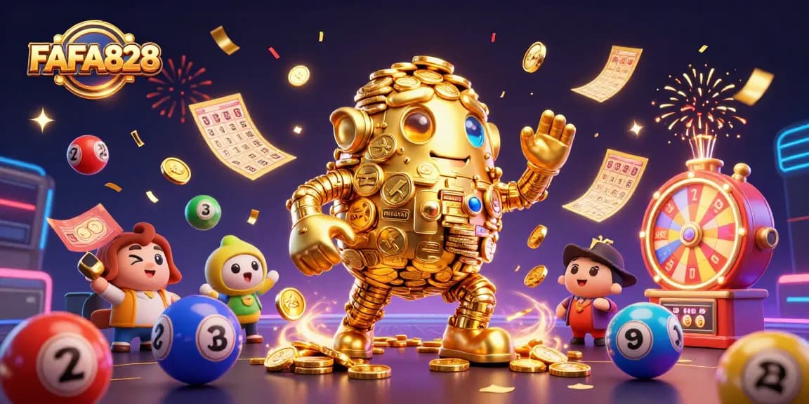 Engage with FAFA828's exciting golden golem amidst lottery balls and celebration elements.