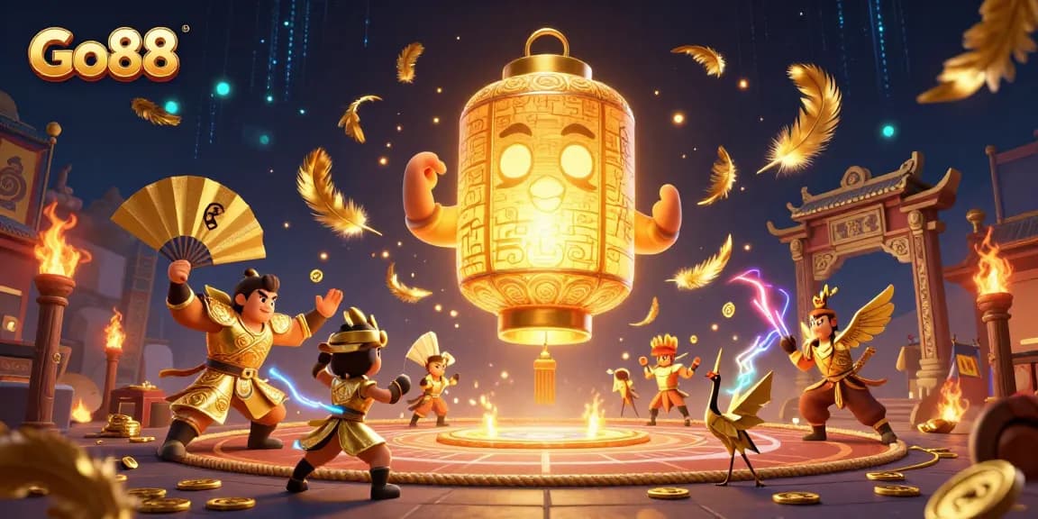 Engage with Go88's vibrant casino experience, showcasing a golden lantern spirit amidst swirling feathers and coins.