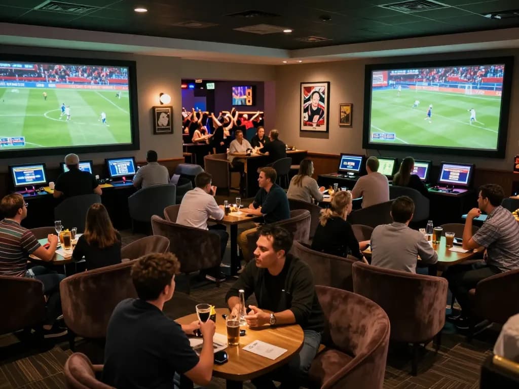 Engaged bettors at 555win enjoying the atmosphere of a live sports betting lounge during a thrilling match.