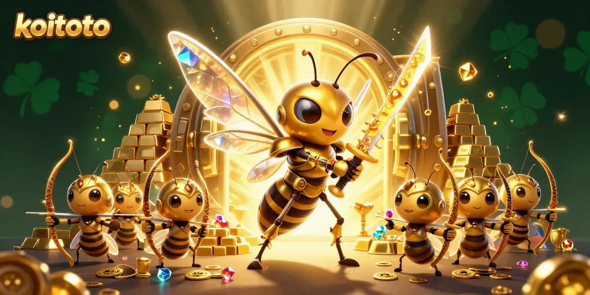 Koitoto illuminates winning strategies with a stunning golden hornet and treasure scene in a vibrant casino illustration.