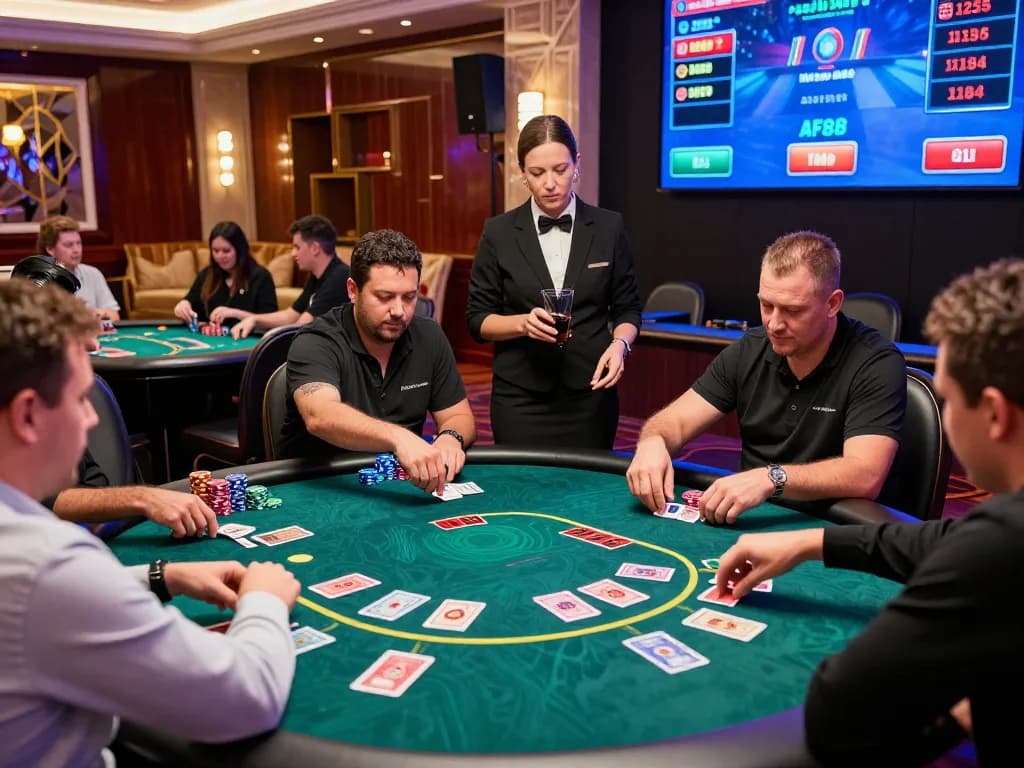 Exciting AF88 casino scene with players at a poker table under vibrant lights.