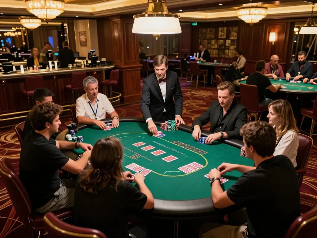 Engaging poker action at a luxury casino table, highlighting strategic gameplay in a kdslots environment.