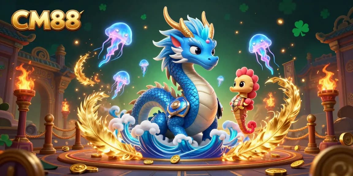 Engage with CM88's dynamic gaming universe featuring vibrant dragons, knights, and glowing jellyfish.