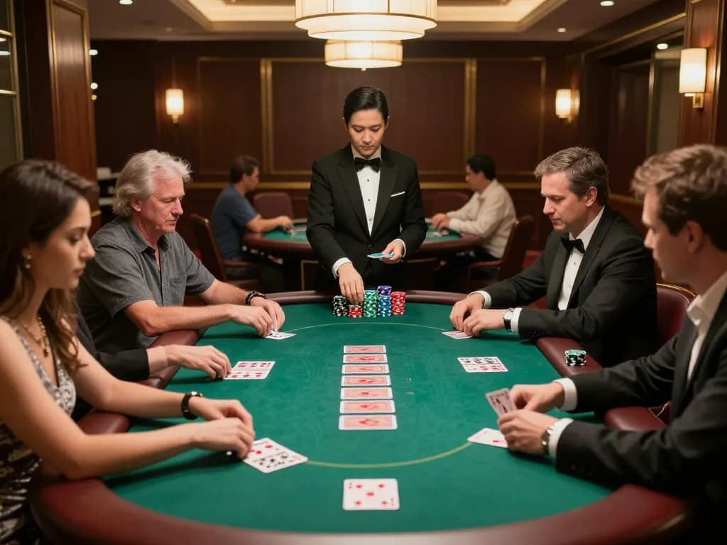 TIP88 players engaged in an intense poker game at a vibrant casino table, showcasing strategy and excitement.
