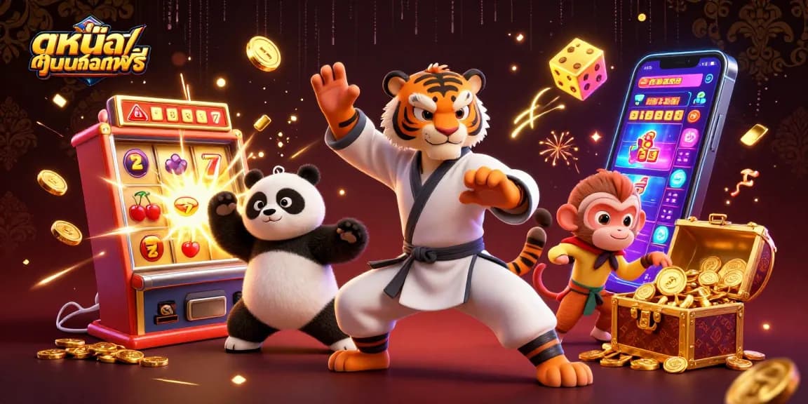 Bet on ดูหนังออนไลน์ฟรี with lively characters, a 3D slot machine exploding coins in a dynamic casino scene.