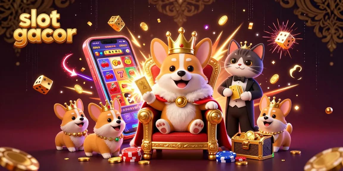 Engage in slot gacor excitement with a cartoon corgi king and colorful gaming elements.