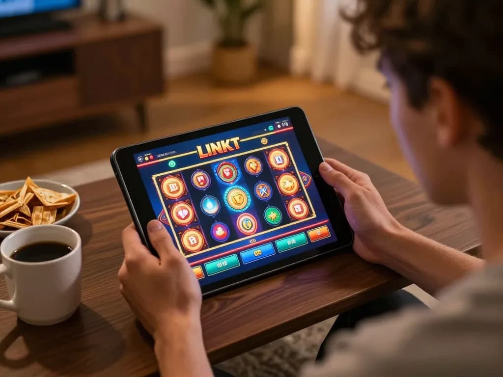 Engaging session playing Link Slot games on a tablet in a cozy home setting