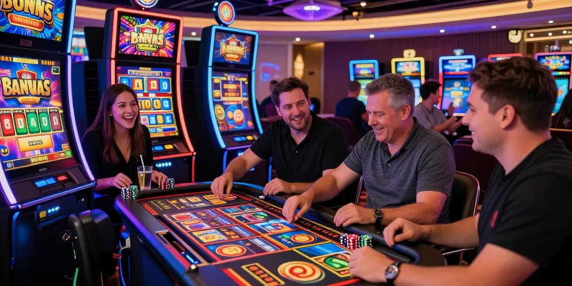 Diverse players enjoying Bonus Buy slots at https://eliotsociety.org.uk/ casino, vibrant atmosphere filled with excitement.