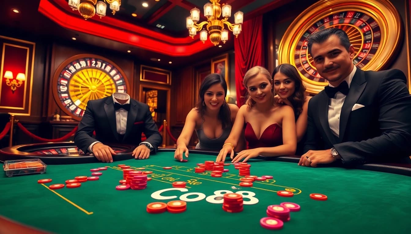 Exciting Co88 casino scene with players at a blackjack table and roulette wheel.