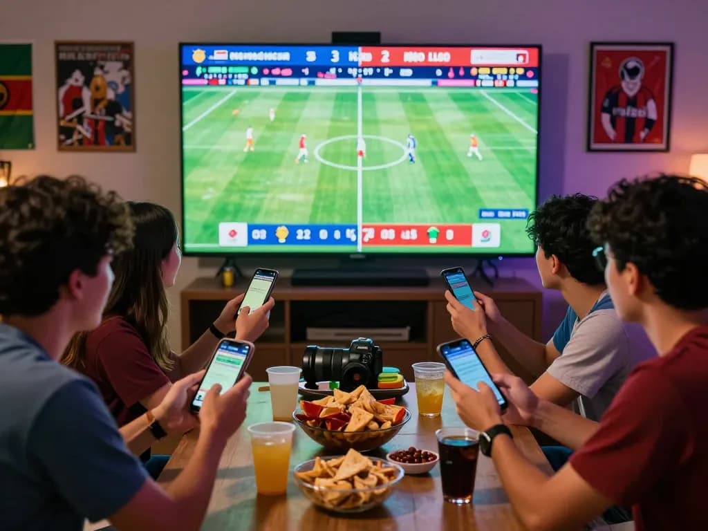 Exciting group analyzing kèo nhà cái during live football match with smartphones and snacks.