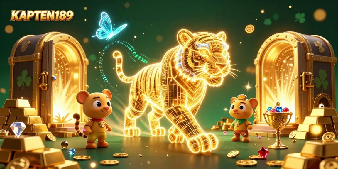 KAPTEN189 memberi kesempatan menang dengan suasana kasino digital bercahaya yang penuh dengan harta berkilau.