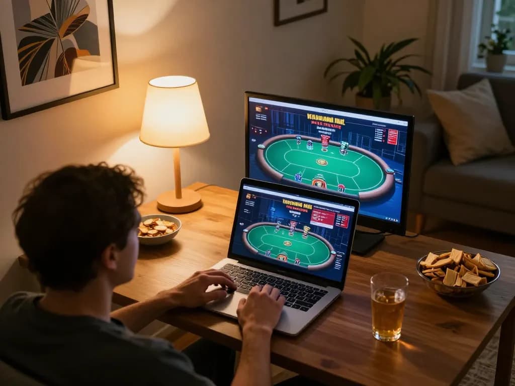 Player enjoying online gaming at home with uu88 poker interface displayed.