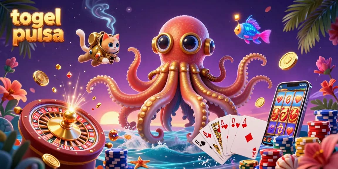 Win big in togel pulsa with this vibrant 3D casino illustration showcasing a kraken and diving cat.