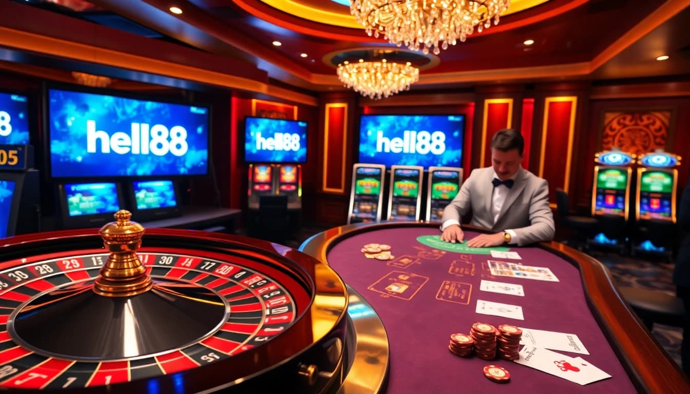 hello88 poker chips stacked on an elegant casino table during an exciting game.