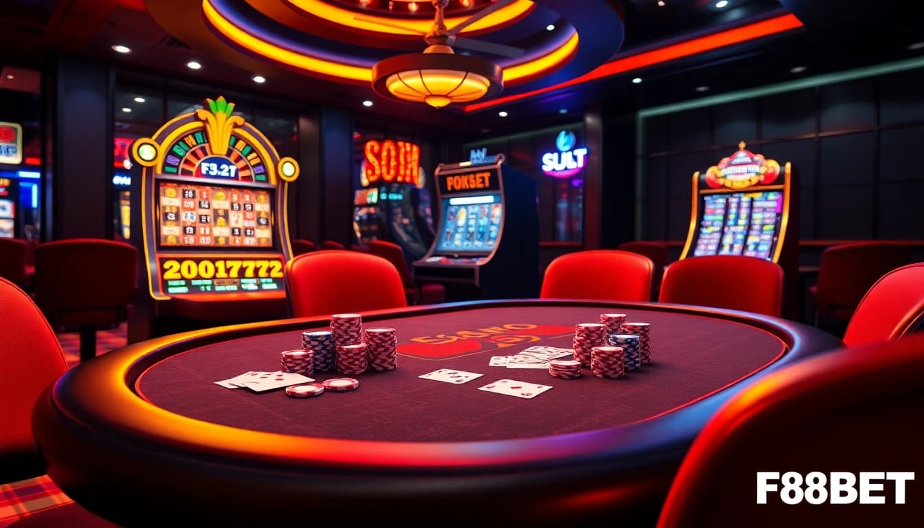 Experience thrilling games at F8BET with luxurious casino tables and vibrant slot machines.