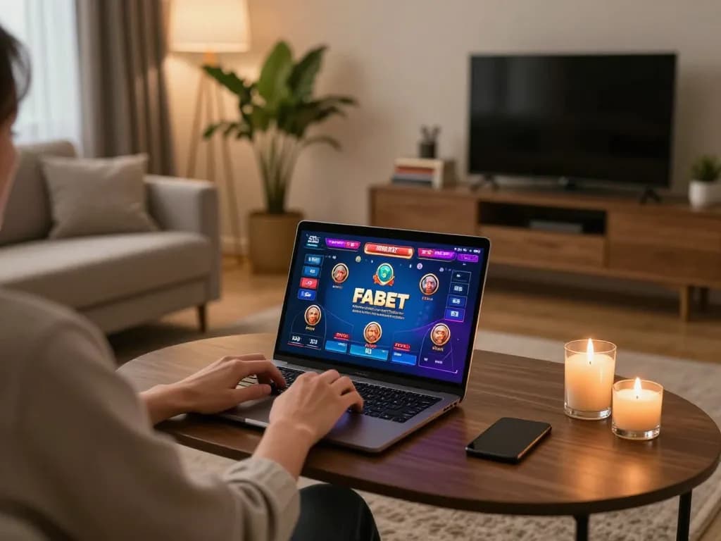 Player enjoying FABET online casino gaming on a laptop in a cozy living room.
