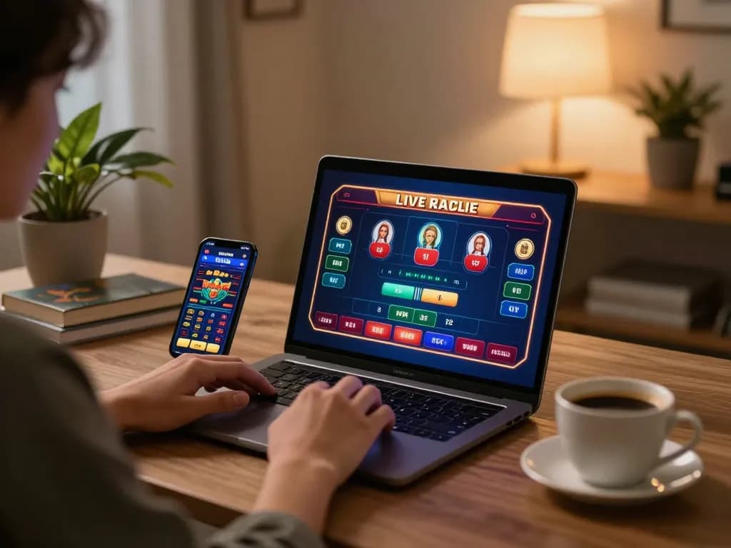 V9BET online gaming setup with live casino interface on laptop and engaging atmosphere.
