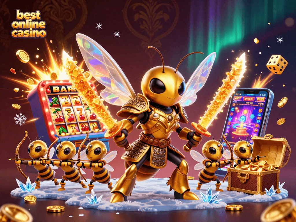 Spin to win at best online casino, featuring a vibrant 3D scene with pokies, jackpots, and dynamic effects.