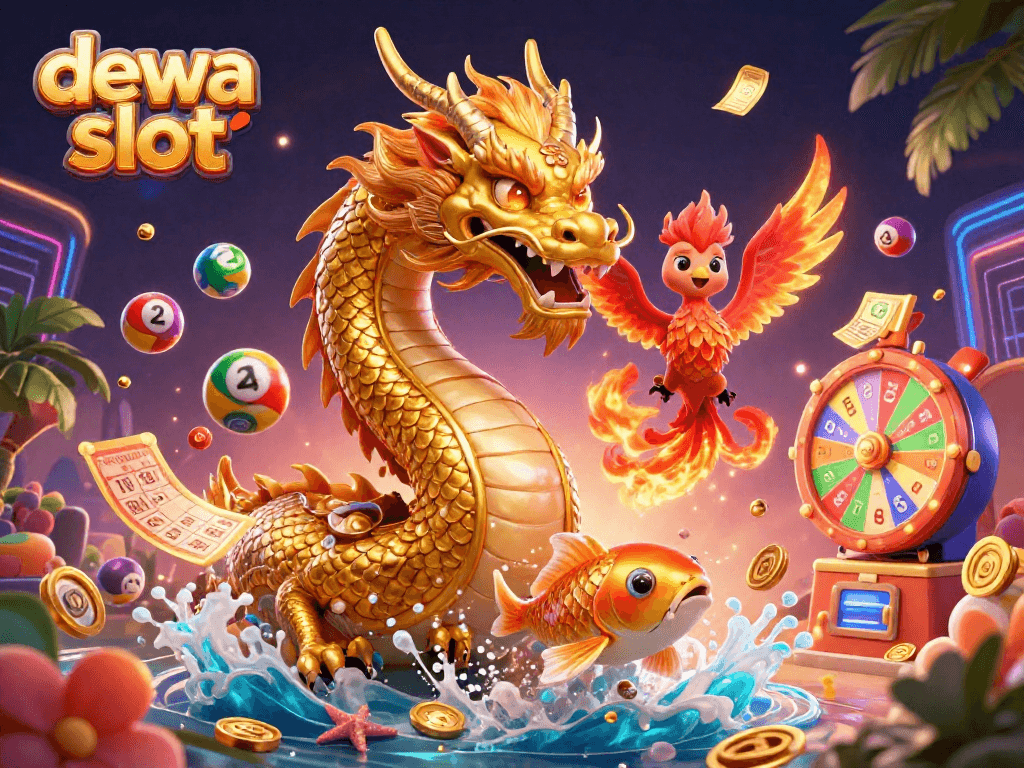 Menanggung jackpot dengan dewa slot, naga emas berkilau menyertai phoenix merah dan ikan koi melompat melalui koin.