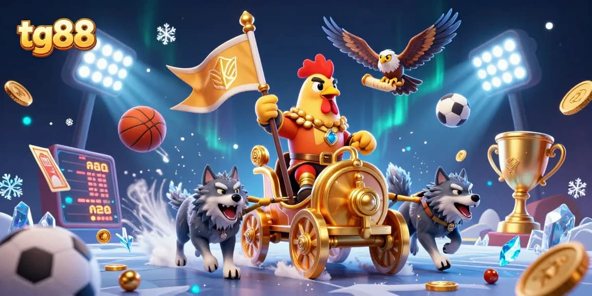 Engage with tg88's thrilling casino experience featuring a cartoon rooster warlord and dynamic sports elements.
