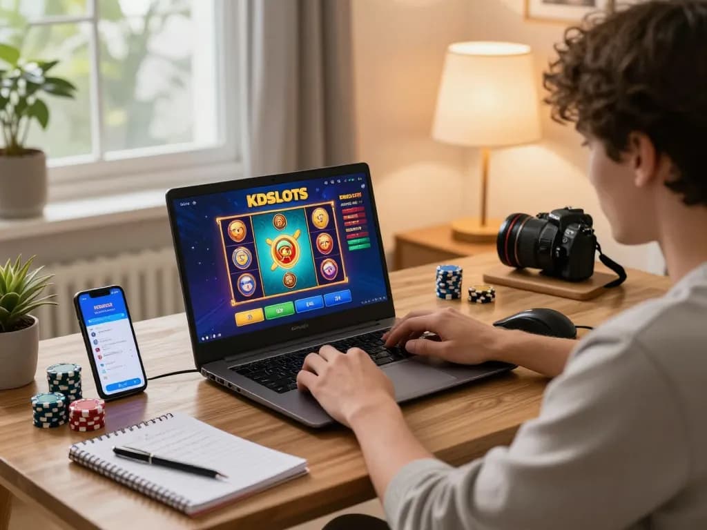 Player engaging with KDSLOTS online slot games in a cozy living room setting.