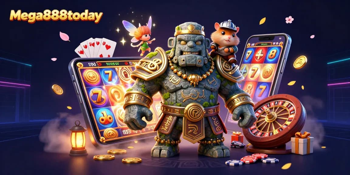 Experience Mega888today's immersive gaming world with our vibrant casino adventure illustration.